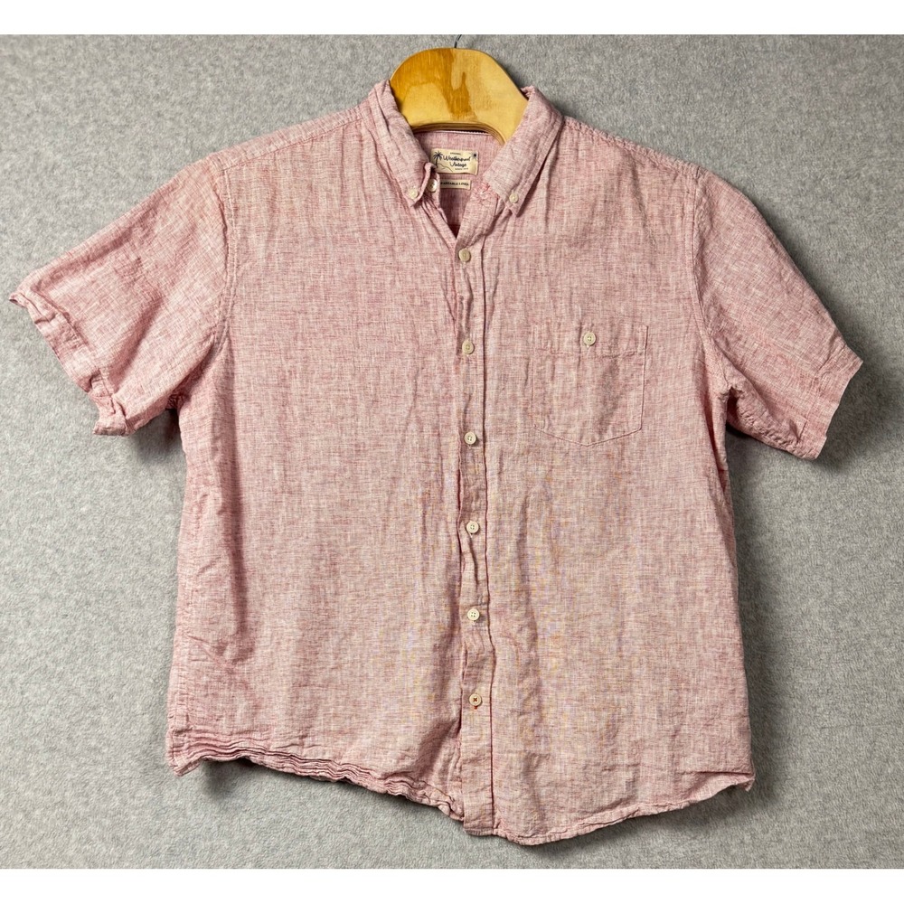 Weatherproof Vintage Mens Red Washable Linen Short Sleeve Button Down Shirt